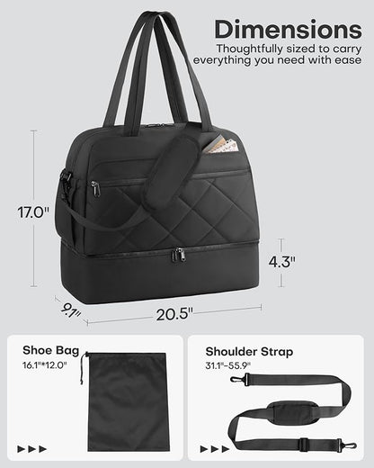 HOTOR Gym Bag for Women - Lightweight Travel Duffle Bags with Wet Pocket & Separate Shoe Bag, Multi-Pocket Carry on Weekender Duffel for Sports, Fitness, Overnight Trip, Black, 20.5" x 9.1" x 17.0"