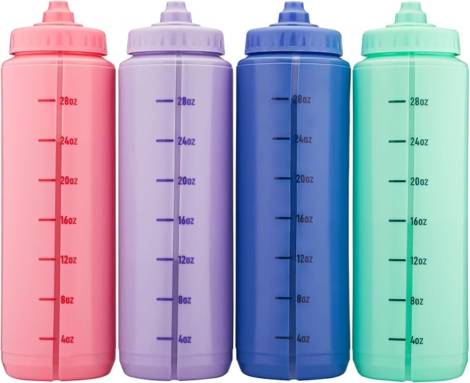 Hydra Cup Sport [4 Pack] 32 oz Squeeze Water Bottles, Fast Flow Sports Water Bottle, Bike & Cycling Water Bottle, Travel To Go, BPA Free (Bright Colors)