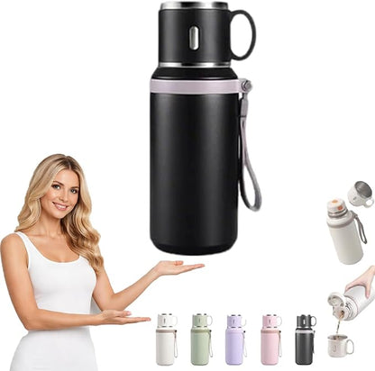 2 In 1 Stainless Steel Vacuum Insulated Bottle with Lidded Cup, Insulated Tumblers with Handles, Leakproof Large Capacity Water Bottle, Keeps Drinks Hot & Cold for Travel, Gym, School (Black)
