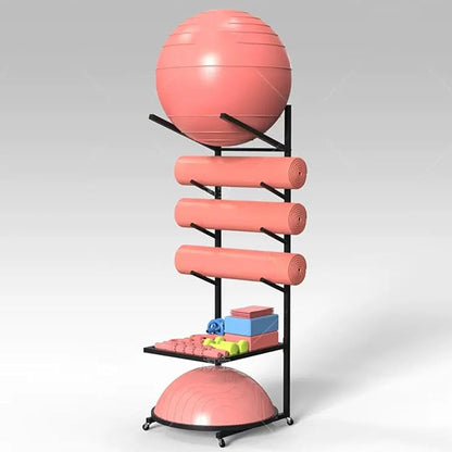 Yoga Mat Storage Rack with Wheels Home Gym for Foam Roller Exercise Ball and Half Ball Balance Trainer，Gold，145 * 50 * 45Cm