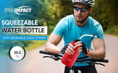 Pro Impact Squeezable Water Bottle Bendable Long Straw - LDPE BPA Free Plastic - Hydration for Baseball Hockey Gym MMA Yoga Boxing Cycling Softball Football Lacrosse (35.5 Oz.)