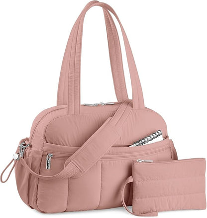 TOPDesign Travel Duffel Bag for Women, Puffer Gym Bag Sports Tote with Wet Pocket, Carry On Weekender with Luggage Sleeve (Dark Pink)