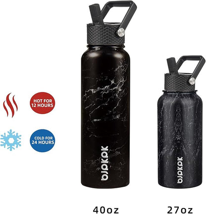 BJPKPK Insulated Water Bottles with Straw Lid, 27oz Stainless Steel Water Bottle with 3 Lids, Leak Proof BPA Free Metal Thermos Mug, Sports Water Bottle Keep Cold & Hot- Midnight (Pack of 5)