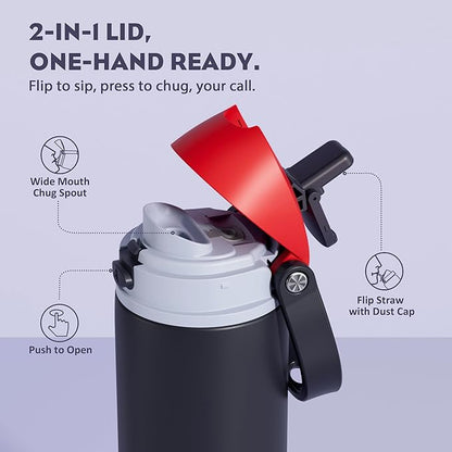 POWCAN 24 oz Stainless Steel Water Bottle: 2-in-1 Push-Button Spout & Quick-Flip Straw, Leakproof, Cold 24Hrs, Fits Car Cup Holder, Insulated Vacuum Flask for Sports, Trip, School Gift (Storm Hammer)