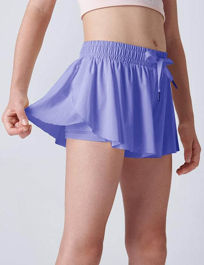 3 Pack Girls Flowy Shorts with Spandex Liner 2-in-1 Youth Butterfly Skirts for Fitness, Running, Sports