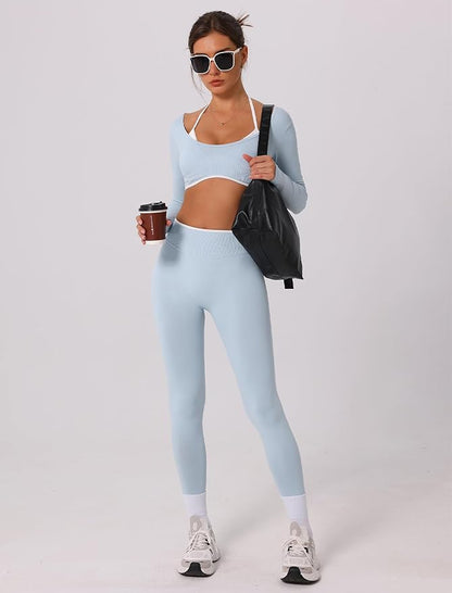 ABOCIW Workout Sets for Women Long Sleeve Crop Top Scrunch Butt Lifting High Waist Leggings 2 Piece Gym Yoga Outfits