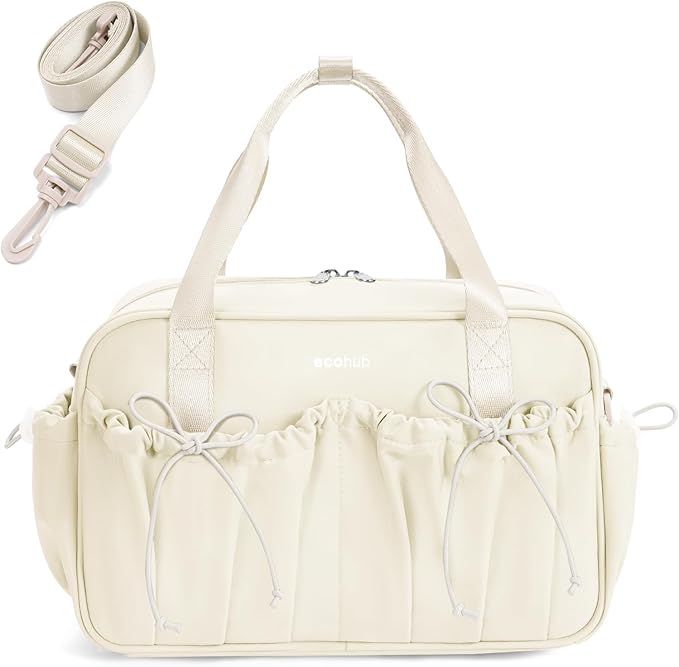 ECOHUB Small Gym Bag for Women, Mini Gym Duffle Bag with Wet Compartment, Bowknot Sports Bag, Cute Gym Tote Bag Dance Yoga Workout Travel Bags Beige