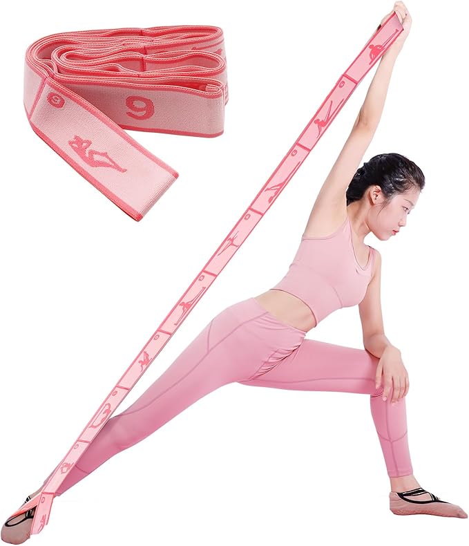 Elastic Yoga Stretching Strap with 9 Loops Pattern Guide, Stretch Straps for Pilates, Dance, Gymnastics Physical Therapy, Multi-Loop Adjustable Exercise Bands