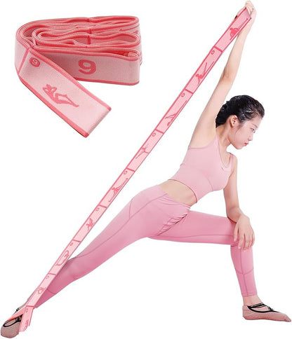 Elastic Yoga Stretching Strap with 9 Loops Pattern Guide, Stretch Straps for Pilates, Dance, Gymnastics Physical Therapy, Multi-Loop Adjustable Exercise Bands