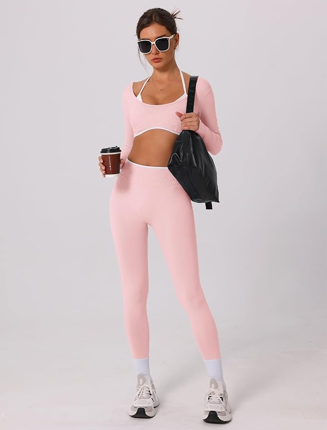 ABOCIW Workout Sets for Women Long Sleeve Crop Top Scrunch Butt Lifting High Waist Leggings 2 Piece Gym Yoga Outfits