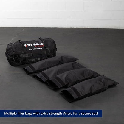 Titan Fitness 125-200 LB PRO Strongman Sandbags, Double Layer, 1050D Cordura, Black, Carry Home Gym Training