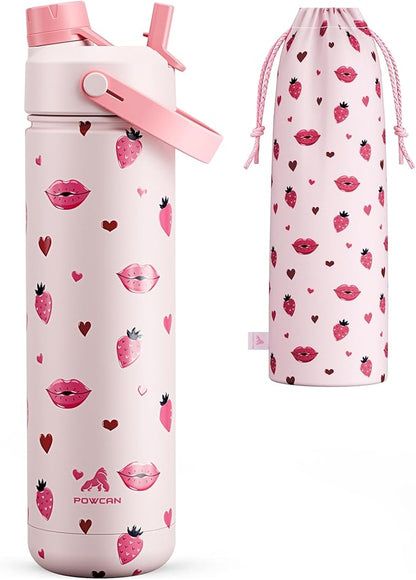 POWCAN 26 oz Insulated Water Bottle with 2-in-1 Straw and Spout Lid, Keep Cold 24H, Leak-Proof, Fits in Car Cup Holder, Stainless Steel Water Bottle for Sports, Travel, Gift and School (Kiss Me Berry)