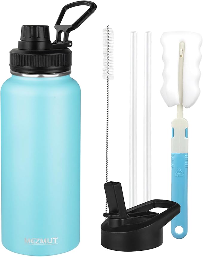 MEZMUT Insulated Water Bottle with Straw&2 Lids 32oz Metal Water Bottle Leakproof Travel Stainless Steel Water Bottles Reusable Double Wall Gym Sports Cup Flask for Camping Hiking, Blue