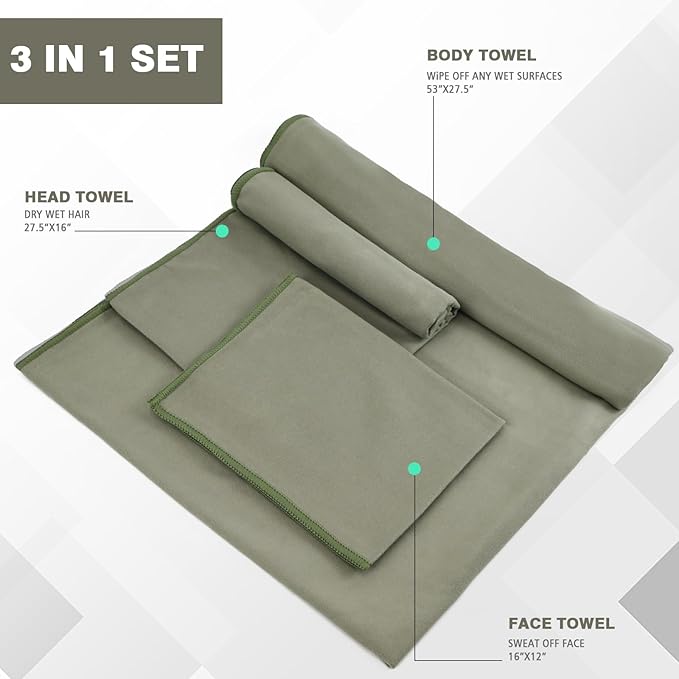 Quick Dry Camping Towel, Microfiber Travel Towel 3 Size at 1 Pack for Camping, Beach, Gym, Sports, Yoga & Swimming Pool, Army Green
