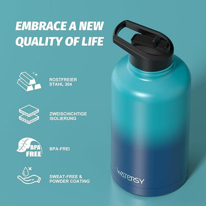 64oz Insulated Water Bottle (Cold for 48 Hrs),BPA Free&Leak Proof,Half Gallon Stainless Steel Water Flask,Water Jug with Straw Spout Lids for Gym,Hiking,Camping,Gradient Blue
