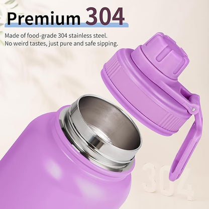 Motivational Water Bottle 32oz with Time Marker- Leakproof & BPA Free Sports Water Bottle with Straw & Carry Strap for Gym, Travel and Outdoor Sports (Stainless steel insulation-Purple)