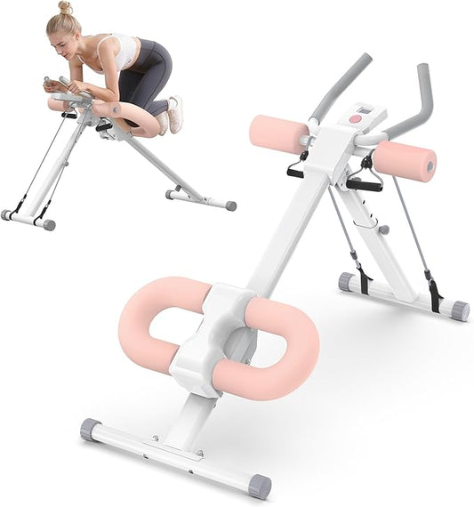 WARMOUNTS Ab Machine, Ab Workout Equipment, Adjustable Core & Ab Trainer Machine with Resistance Bands for Home Gym, Foldable, Knee Protection, Abdominal Exercise Equipment for Stomach Workout (Pink)