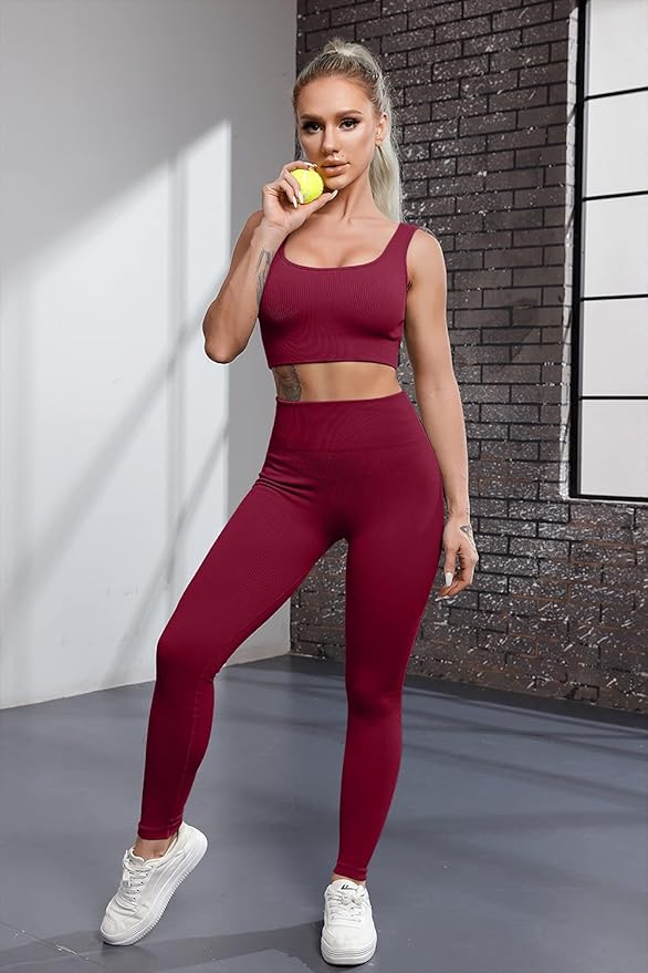 FAFOFA Ribbed Workout Outfits for Women 2 Piece Seamless Sport Bra High Waist Yoga Leggings Sets
