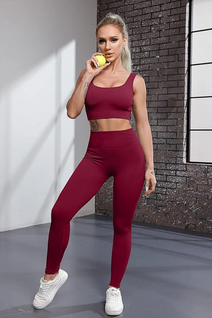 FAFOFA Ribbed Workout Outfits for Women 2 Piece Seamless Sport Bra High Waist Yoga Leggings Sets