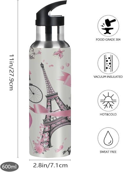 Eiffel Tower Paris France Flower Water Bottle Vacuum Insulated Stainless Steel Mug Kids Water Bottle with Straw and Handle Keep Hot Cold Sport Bike Fit Travel Outdoor 20 oz