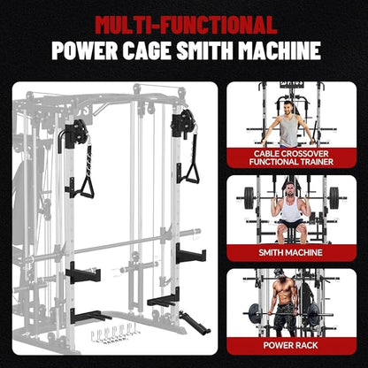 All in One Home Gym System Workout Station, Multi-Function Smithe Machine Power Cage with Cable Crossover System, Tripe-Sided Independent Load Posts, Functional Trainer for Full Body Training