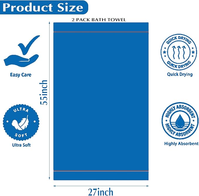 2-Pack Microfiber Bath Towels (27x54 Inches) - Ultra Soft & Quick Dry, 3X Absorbency, Lightweight for Gym, Yoga, Travel & Spa - Perfect for Home, Fitness & Post-Workout
