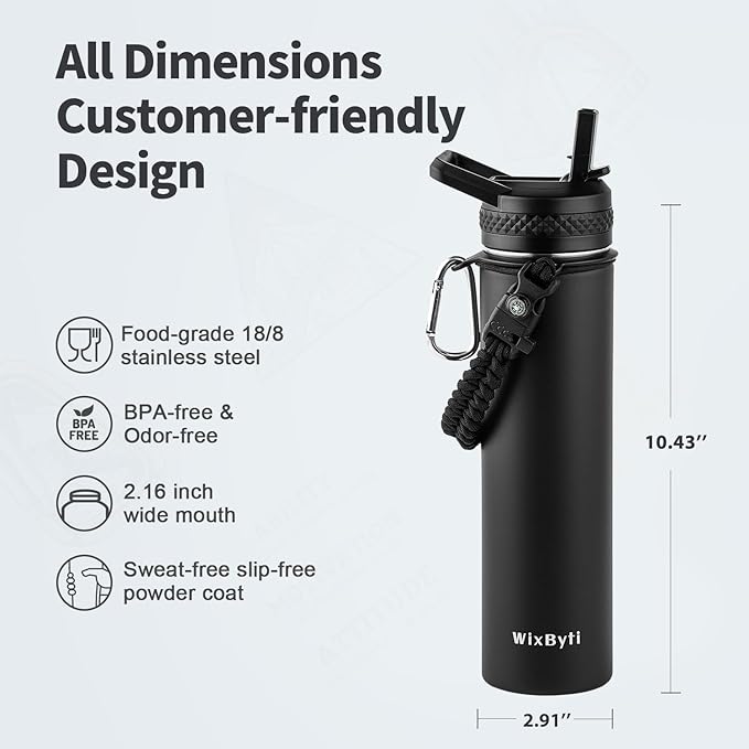 24 oz Insulated Water Bottle with Straw (Cold for 24 Hrs), Stainless Steel Triple Wall Vacuum Sports Water Jug, Leakproof Hydro Cup Flask with Paracord Handle & Straw Spout Lids & DIY Stickers