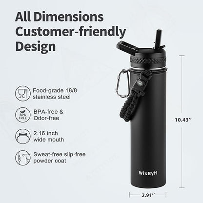 24 oz Insulated Water Bottle with Straw (Cold for 24 Hrs), Stainless Steel Triple Wall Vacuum Sports Water Jug, Leakproof Hydro Cup Flask with Paracord Handle & Straw Spout Lids & DIY Stickers