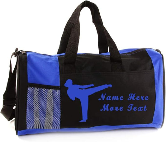 KishKesh Personalized Sport Duffel Bag – Ideal for Martial Arts, Gym, Travel, Training & Workout Essential for Female – Durable, Customizable Name & Text for Kids and Adults – Blue, 18" X 10" X 8"
