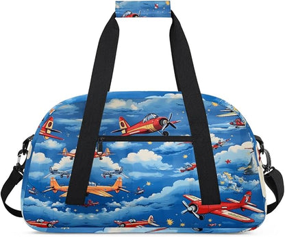 Airplane Kids Duffel Bag for Boys, Aircraft Clouds Sports Gym Bag Overnight Travel Weekender Bag Lightweight Carry On Sleepovers Bag for School Practice Gymnastics