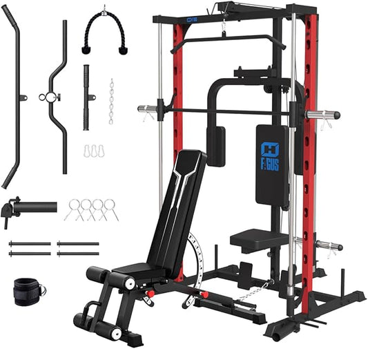 FAGUS Smith Machine Home Gym Power Cage with Pulley System, Space Saving Design Squat Rack with Full Body Strength Training Attachments, PEC Station & Fixed Cable Crossover Optional