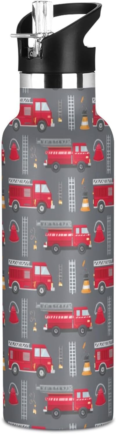 Sport Water Bottle 20 oz Red Fire Truck Kids Stainless Steel Vacuum Insulated Water Flask for Gym School