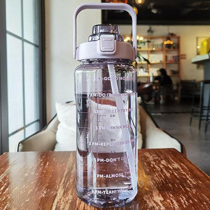 Large Capacity 2L Sports Water Bottle with Straw, Portable and Leakproof, Featuring Time Marker-Pe