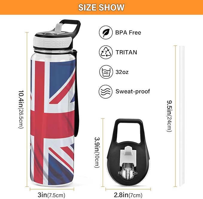 YETTASBIN British Flag Clear Water Bottle with Straw Lid, BPA-Free Leakproof Sport Water Bottle 32oz Large Gym Water Jug for Men Women Travel Fitness Outdoor