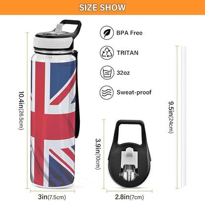 YETTASBIN British Flag Clear Water Bottle with Straw Lid, BPA-Free Leakproof Sport Water Bottle 32oz Large Gym Water Jug for Men Women Travel Fitness Outdoor