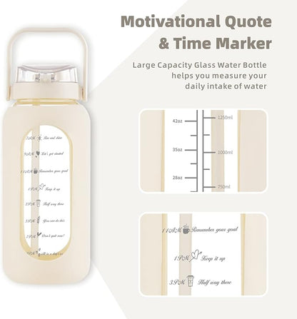 SIEROZUR 64 oz Glass Water Bottle with Straw and Handle Lid Half Gallon Motivational Glass Bottle with Silicone Sleeve and Time Marker Large Reusable Sports Water Jug for Gym Home Workout