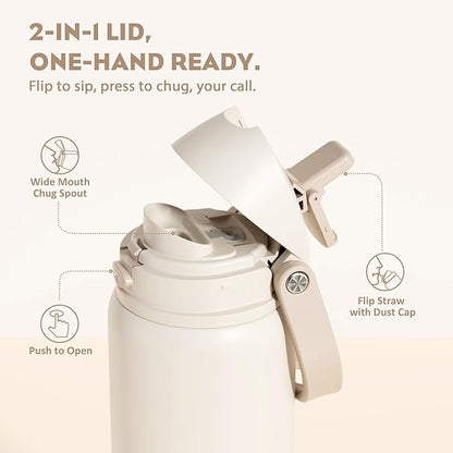 POWCAN 32 oz Insulated Water Bottle, 2-in-1 Push-Button Spout & Quick-Flip Straw Lid, Leakproof, Keep Cold 24Hrs, BPA-Free, Stainless Steel Water Bottle for Sports, School, Travel, Gym (Oat Mousse)
