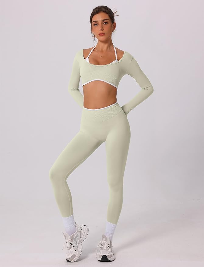 ABOCIW Workout Sets for Women Long Sleeve Crop Top Scrunch Butt Lifting High Waist Leggings 2 Piece Gym Yoga Outfits