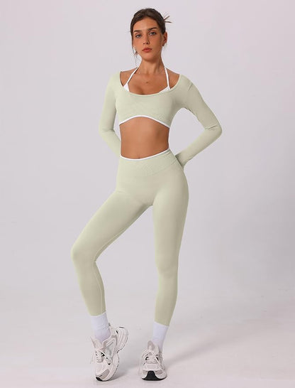 ABOCIW Workout Sets for Women Long Sleeve Crop Top Scrunch Butt Lifting High Waist Leggings 2 Piece Gym Yoga Outfits