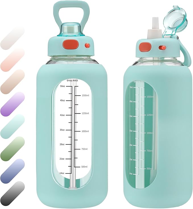 SIEROZUR 64 oz Glass Water Bottle with Straw and Handle Half Gallon Large Water Bottle with Silicone Sleeve and Time Marker Sports Water Jug Wide Mouth for Travel Gym