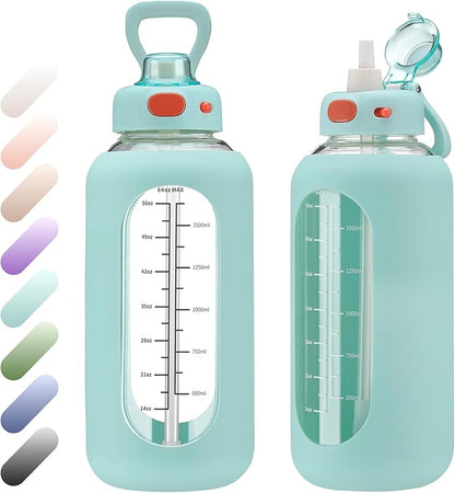 SIEROZUR 64 oz Glass Water Bottle with Straw and Handle Half Gallon Large Water Bottle with Silicone Sleeve and Time Marker Sports Water Jug Wide Mouth for Travel Gym