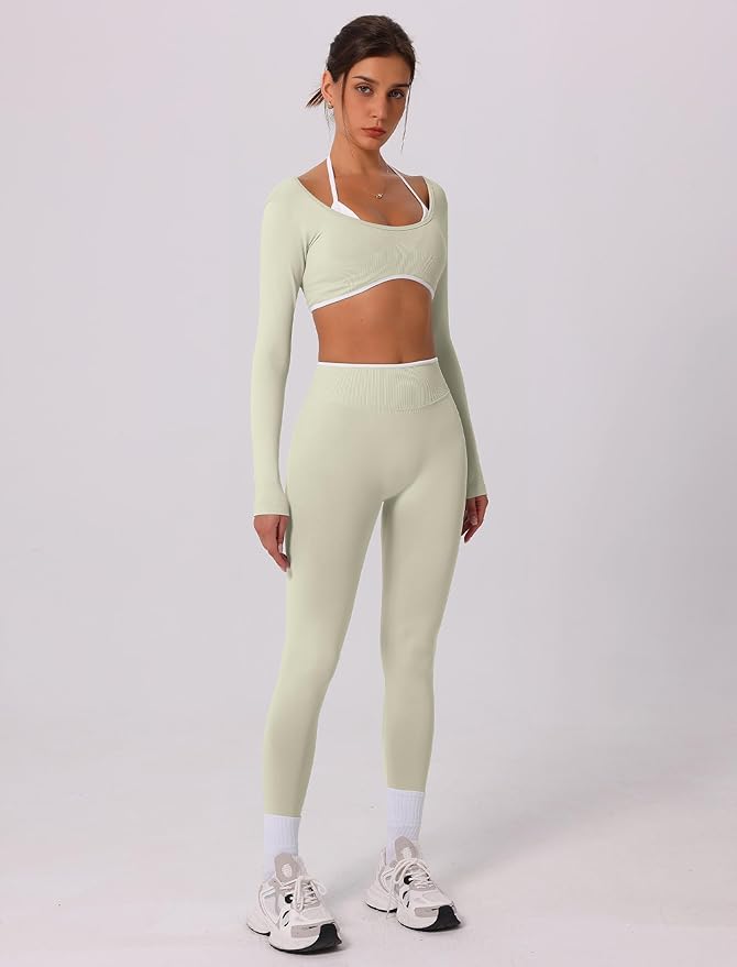 ABOCIW Workout Sets for Women Long Sleeve Crop Top Scrunch Butt Lifting High Waist Leggings 2 Piece Gym Yoga Outfits