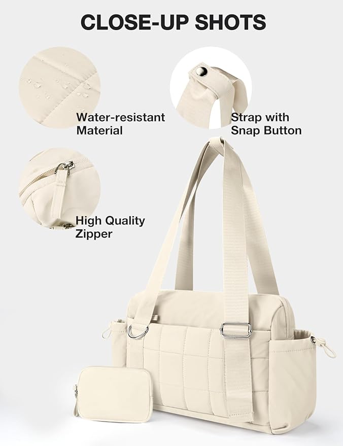 VUUDH Mini Gym Bag for Women Puffy Bag, Small Gym Bag with Coin Wallet, Lightweight Gym Tote Bag for Fitness, Work, Travel, Daily Commute,Beige
