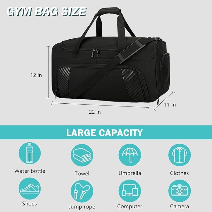 Urbanstand Gym Bag for Men - 50L Black Large Duffel Bag with Shoe Compartment, Weekender Carry On Duffle Bag for Travel, Sports, Fitness & Workout
