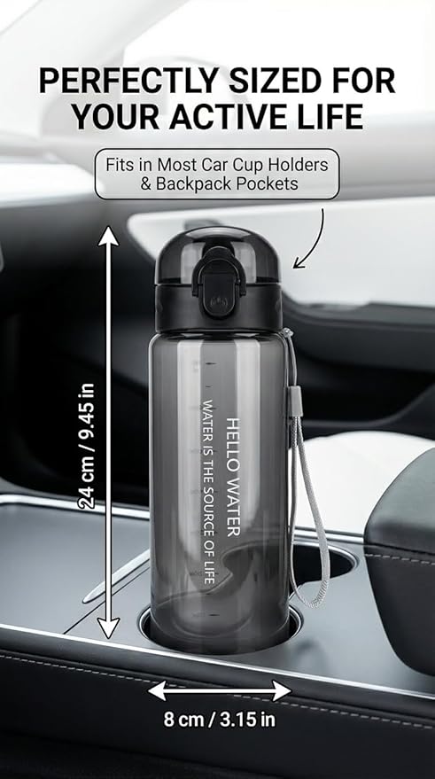 26oz Motivational Water Bottle with capacity Marker & Strainer, Leakproof BPA-Free Sports Bottle with Carry Lanyard, One-Click Open for Gym, Fitness, Camping, and Outdoor Activities