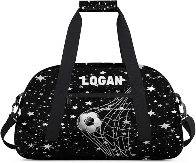 Personalized Gym Bag Soccer Sports Duffel Bag Kids Boys, Custom Name Weekender Gymnastics Training Bag for Men Traveling Business Trip, Soccer Goal Stars Pattern Black