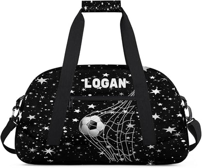 Personalized Gym Bag Soccer Sports Duffel Bag Kids Boys, Custom Name Weekender Gymnastics Training Bag for Men Traveling Business Trip, Soccer Goal Stars Pattern Black