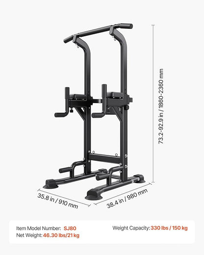 VEVOR Pull Up Bar, 330 LBS Power Tower Dip Station, Workout Dip Station with H-Shaped Stable Base & Back Pad, Adjustable 12 Level Height Free Standing Chin Up Bar for Back, 4-Level Adjustable Back Pad