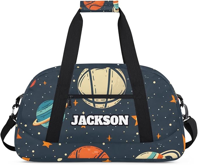 Personalized Basketball Gym Duffel Bags with Name for Kids Boys, Custom Sport Training Travel Bags for Overnight Weekender, Dark Blue Space