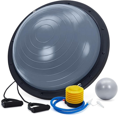 1 Pack PVC 23 Inch Yoga Half Ball with ABS Base Stability Ball - 6 Non-Slip Feet, 30 Inch Resistance Bands, Anti-Skid Yoga Ball, Adjustable Resistance Bands